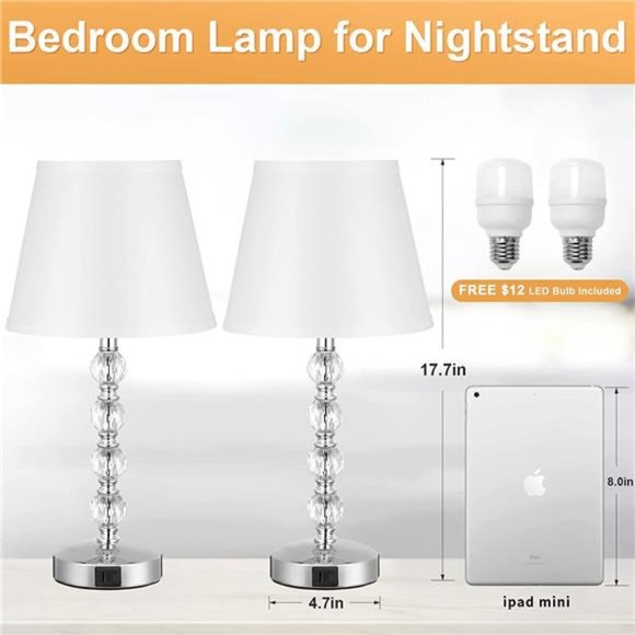 Bedside Lamps for bedrooms Set of 2 - Crystal Nightstand Bedroom Lamps with USB - Picture 5 of 6